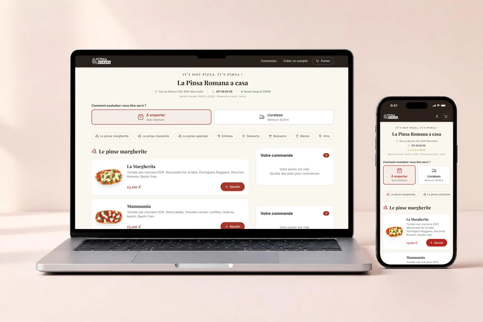 Le site Osteria Romana affiché sur un ordinateur portable et sur un téléphone